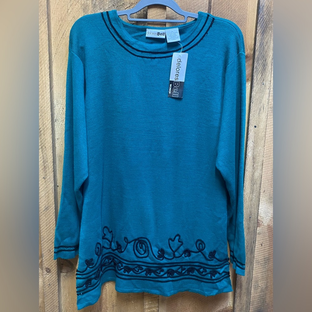 Dolores Bell‎ Teal Embroidered Tunic Sweater 2X Plus Wool Blend NWT